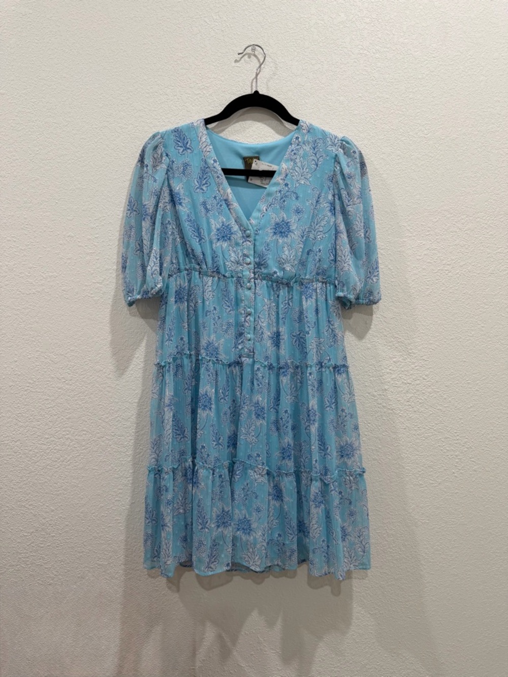 Taylor Light Blue Floral V-Neck Tiered Midi Dress